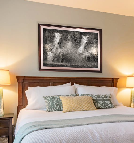 BLACK AND WHITE HORSE PHOTOGRAPHY PRINTS IN BEDROOM