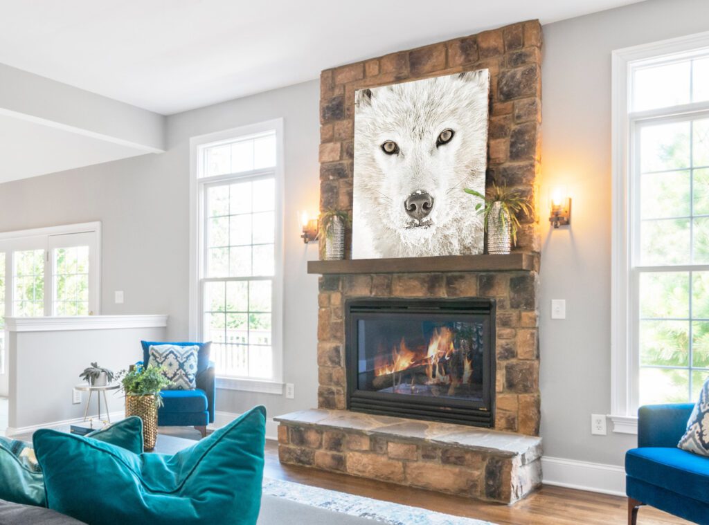 white wolf fine art photography print in living room