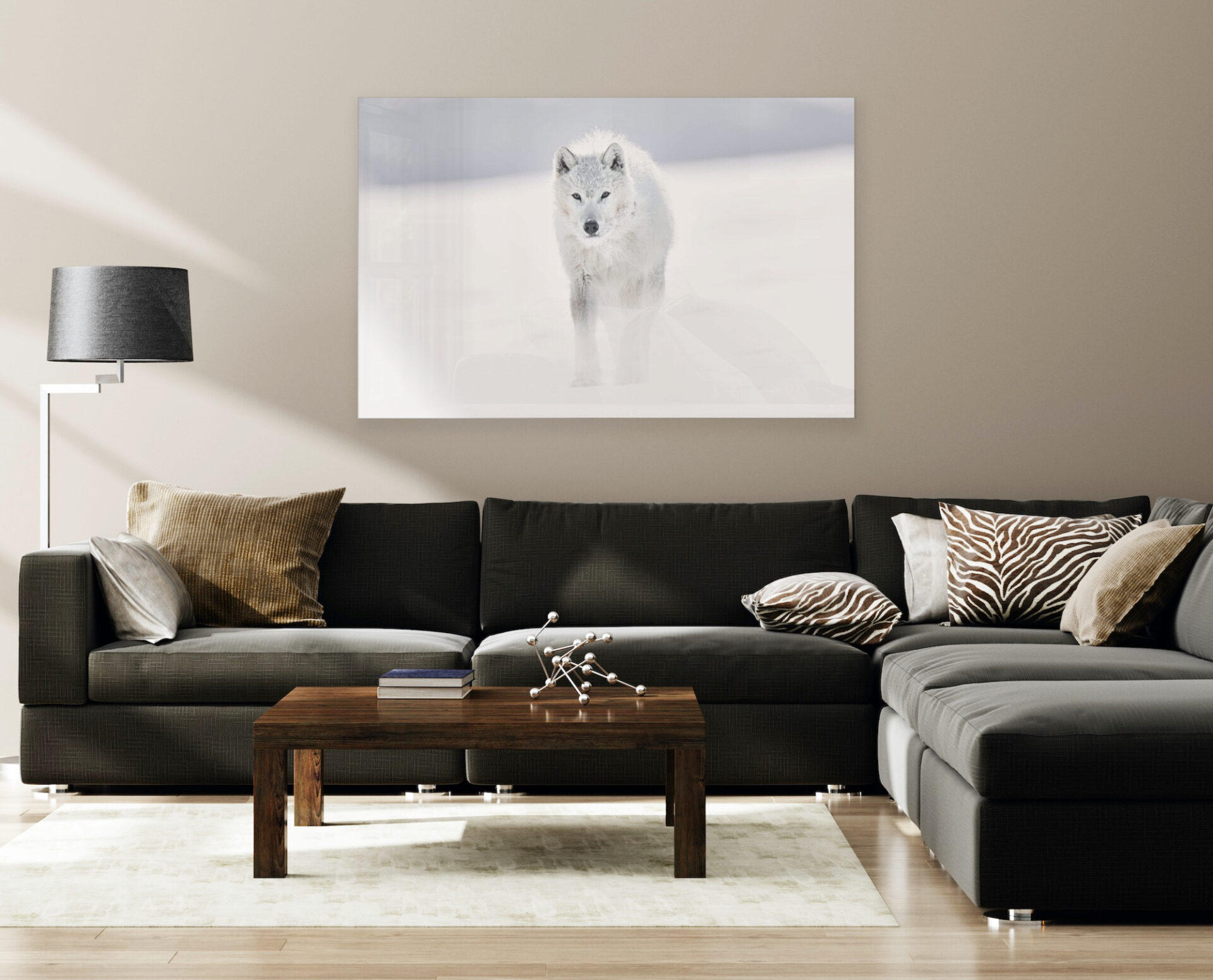 arctic wolf artwork on living room wall