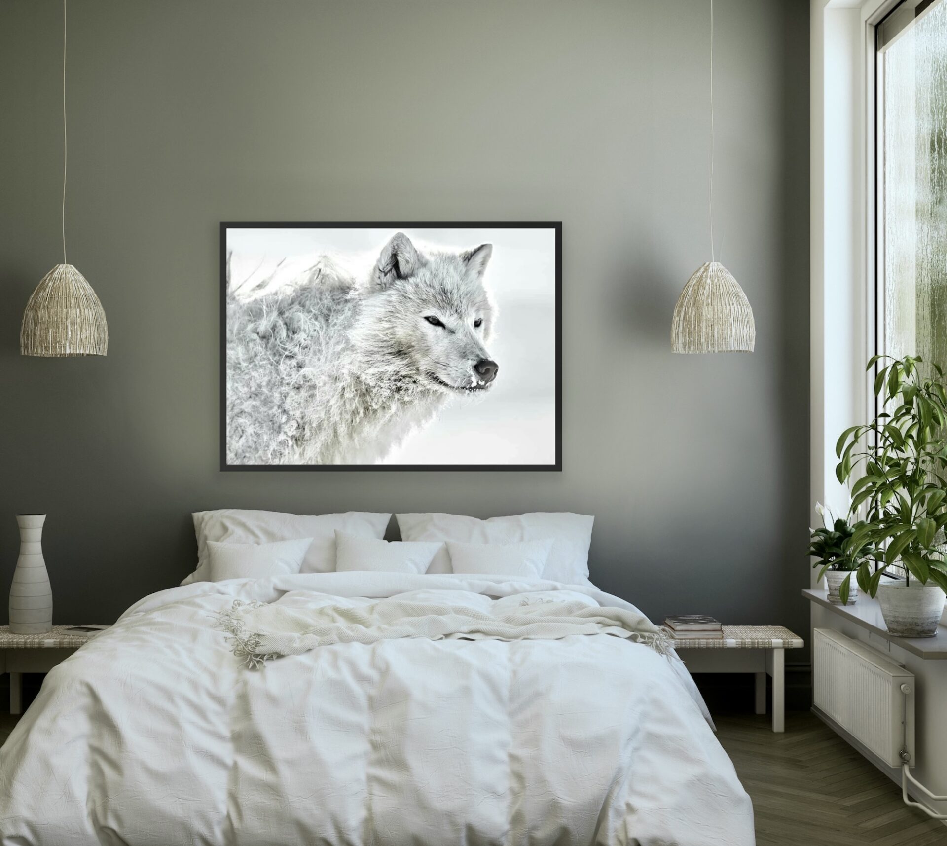 Snow Wolf Fine Art Print in bedroom