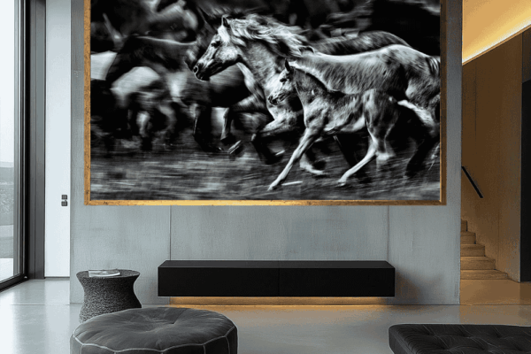 A pack of Blue roan wild horses fine art prints hanging in living room