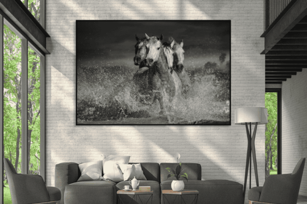 Wild horses running in water and splashing it all around fine art print by ejaz khan for sitting area