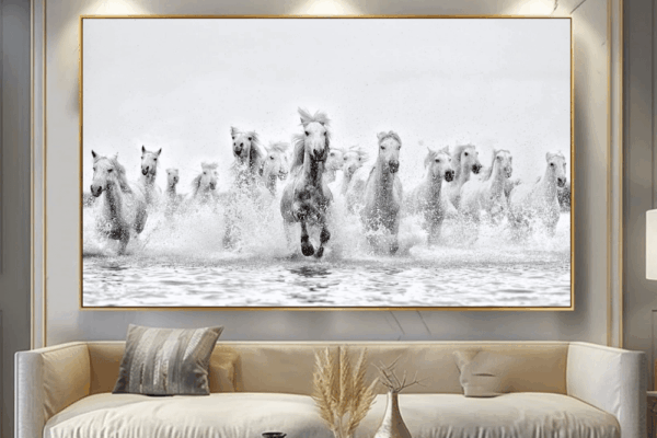 wild horses running in water a pack of horses and one horse leading it's pack fine art print of horses by ejaz khan
