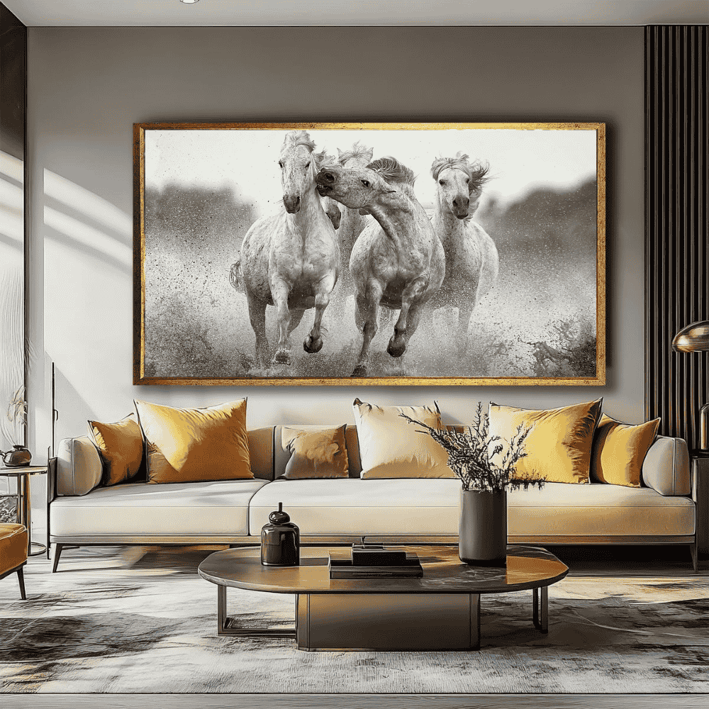 horse running and competing with each other and running against time. Fine art horse wall art print for living area