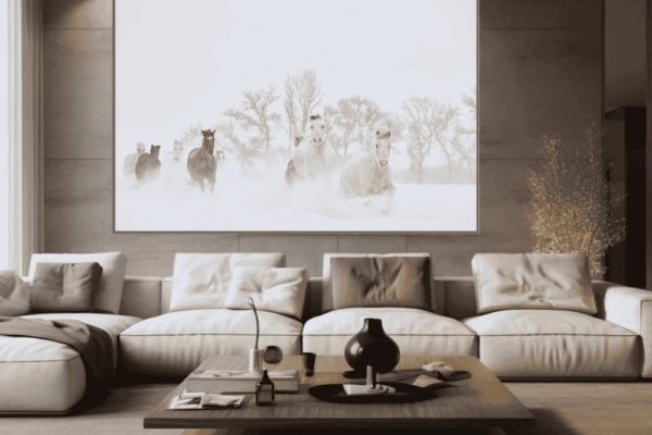 group of horses running in snowy weather in snow, Horse wall art print hanging in living area