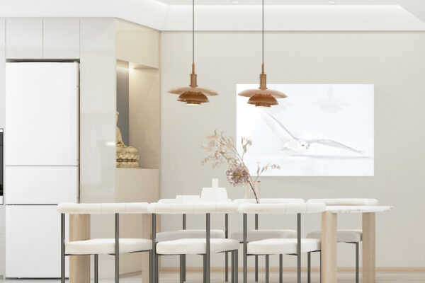 SNOWY OWL FLYING IN DINING ROOM