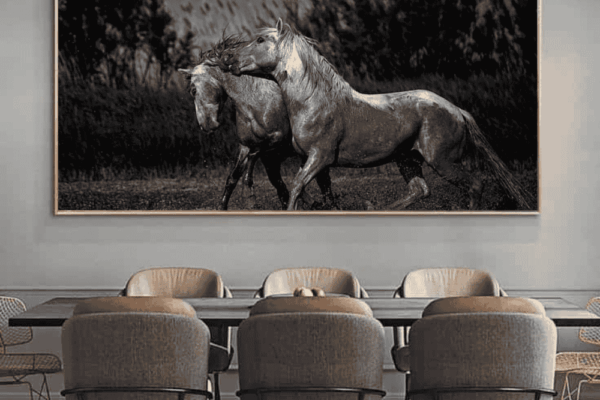 black and white horses fine art print for Dinning area wall design idea