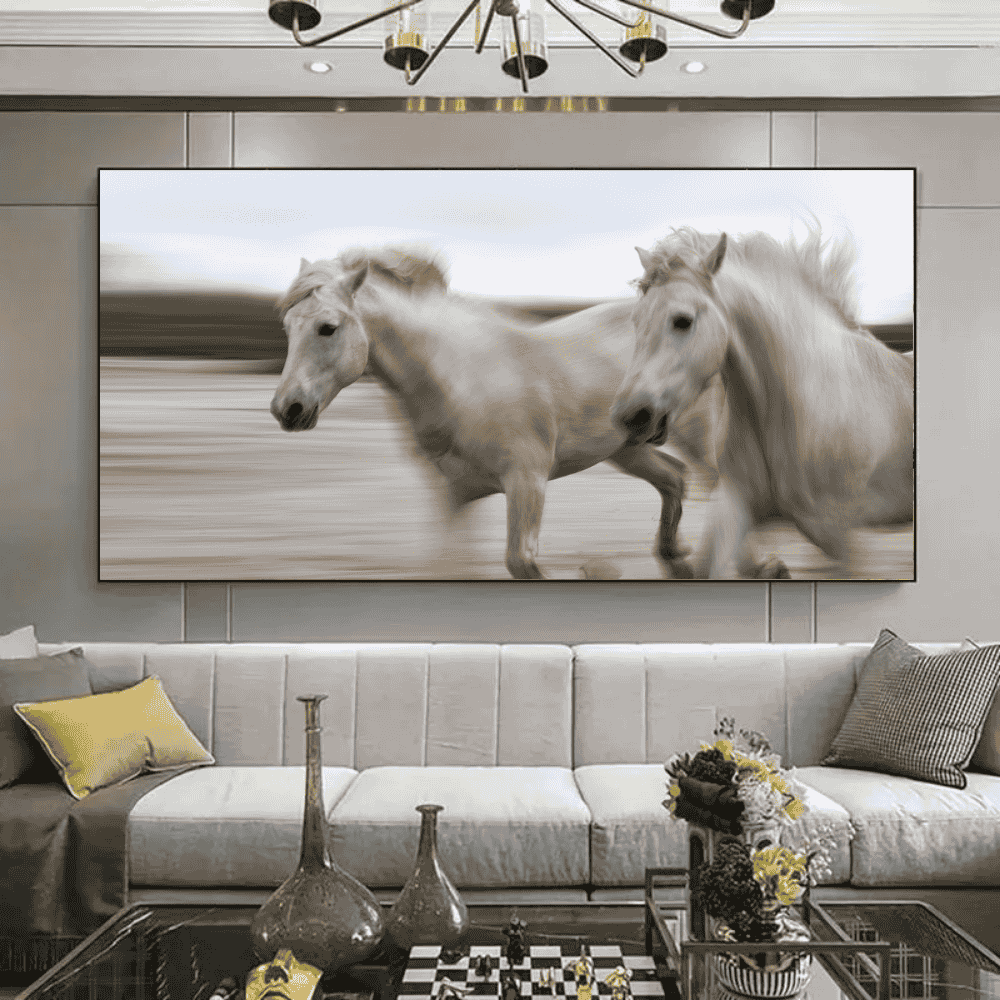 White horse running in mud best for living room design idea