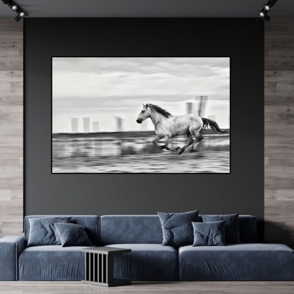 blue roan horse shadow racer running in fast speed, wall art in living space