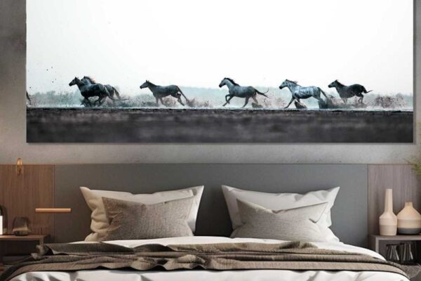 beautiful wild horse running on mud in water taking shot hanging in bed room wall art design idea