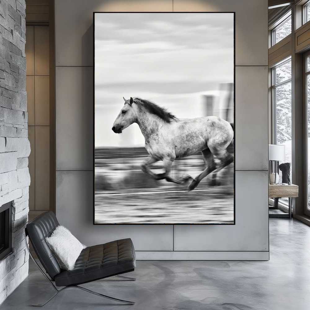 wild white horse running in fast speed to chase and showing it's strength wall art print for living area