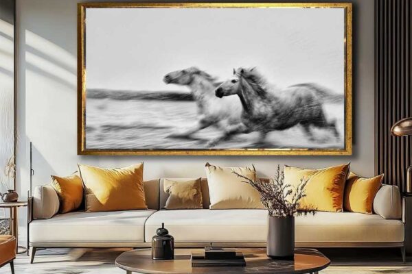 black and white fine art horse photography for living area design idea