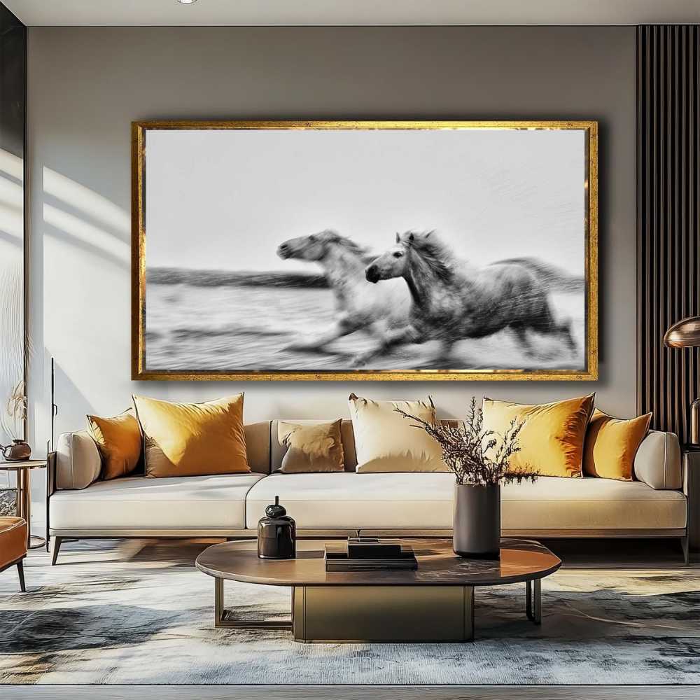 black and white fine art horse photography for living area design idea