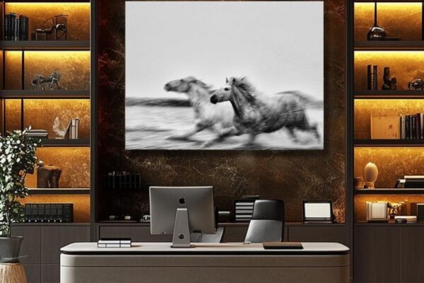 wild horse running wild life photography prints hanging in CEO office wall