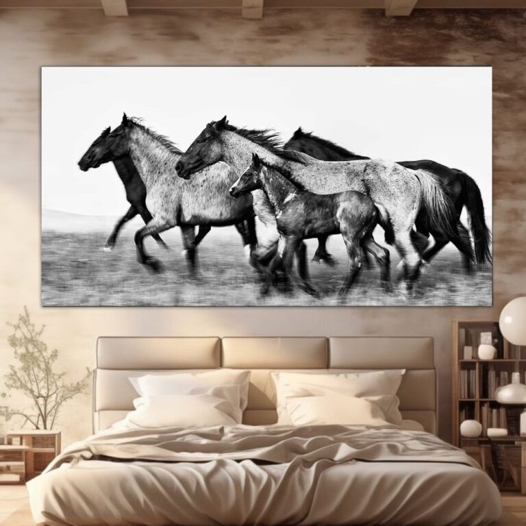 Sophisticated black and white horse photography titled Unity, capturing the graceful movement of horses for a chic minimalist interior.