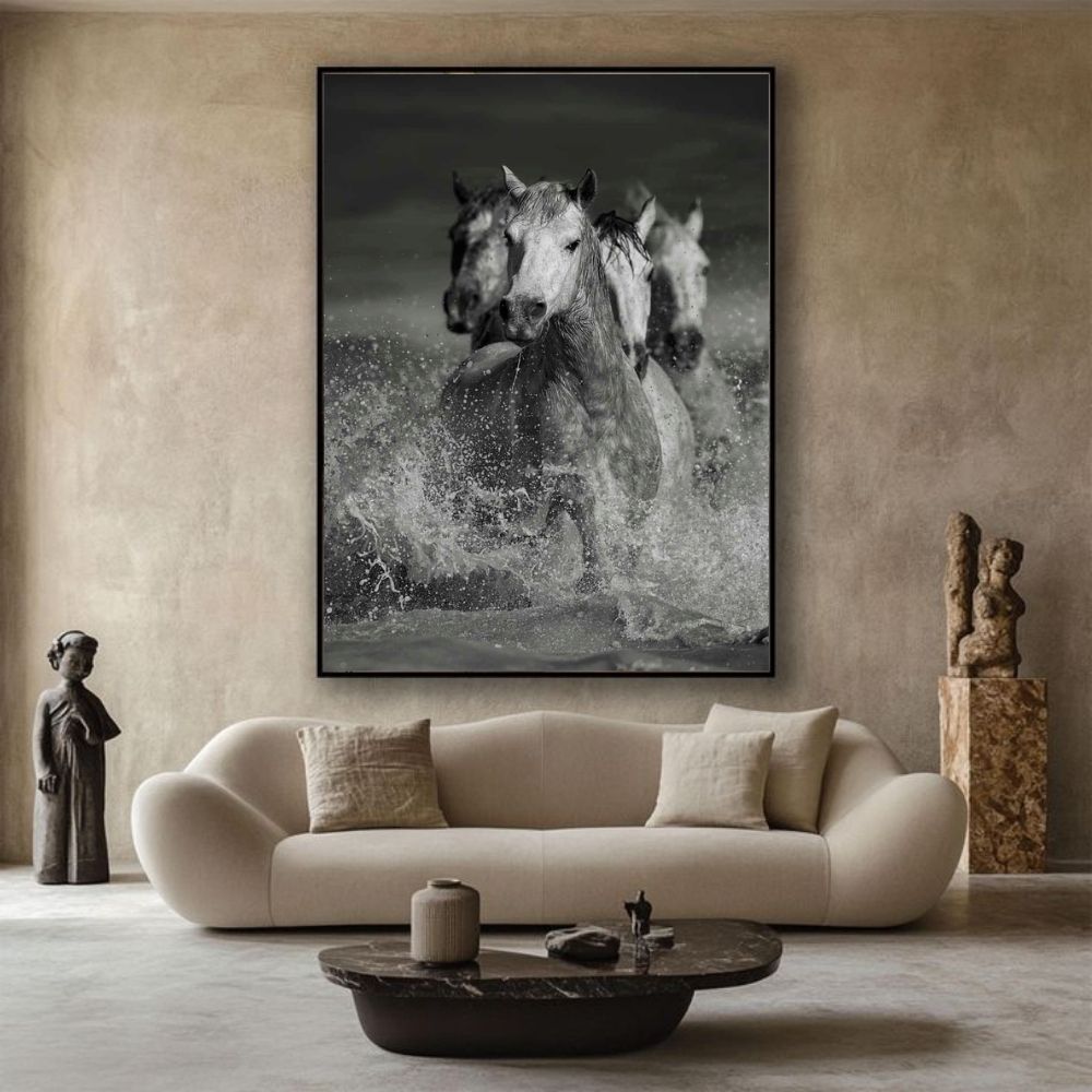 black and white fine art horse prints running on water and splashing water in storm by ejaz khan