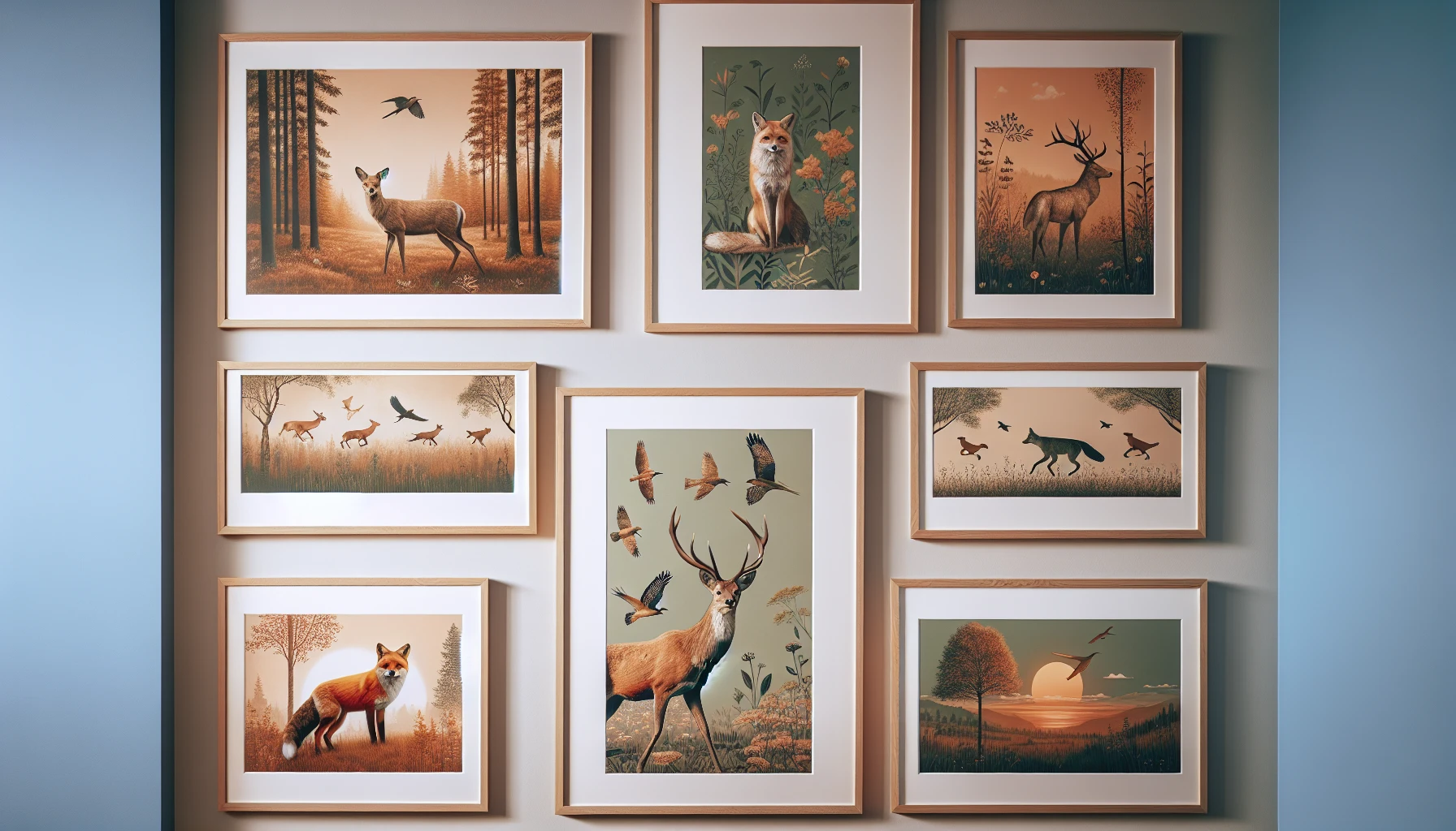 A collection of wildlife prints creating a harmonious color scheme, ideal for home decor