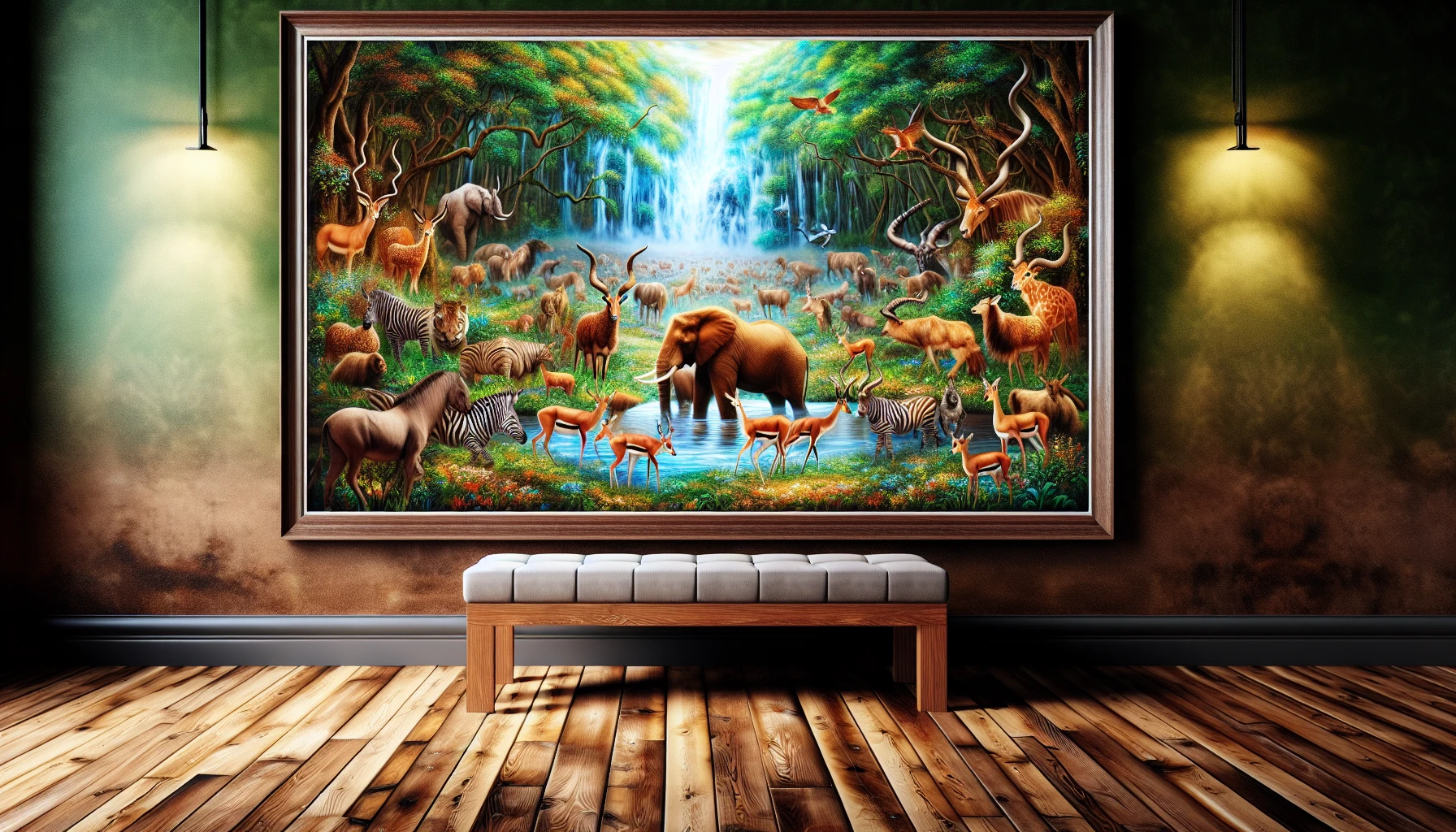 Wildlife artwork illuminated by ambient room lighting, creating a captivating display