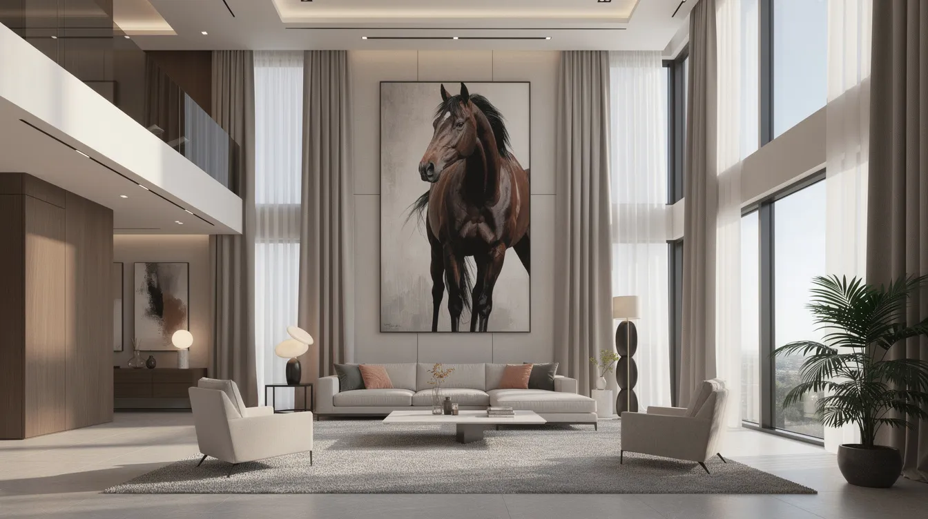 The image features a dramatic double-height living room, showcasing a large, beautifully framed equine artwork that serves as a striking focal point above the seating area. The vivid colors and mixed media of the painting capture the grace and freedom of horses, transforming the space into an elegant gallery of fine art.