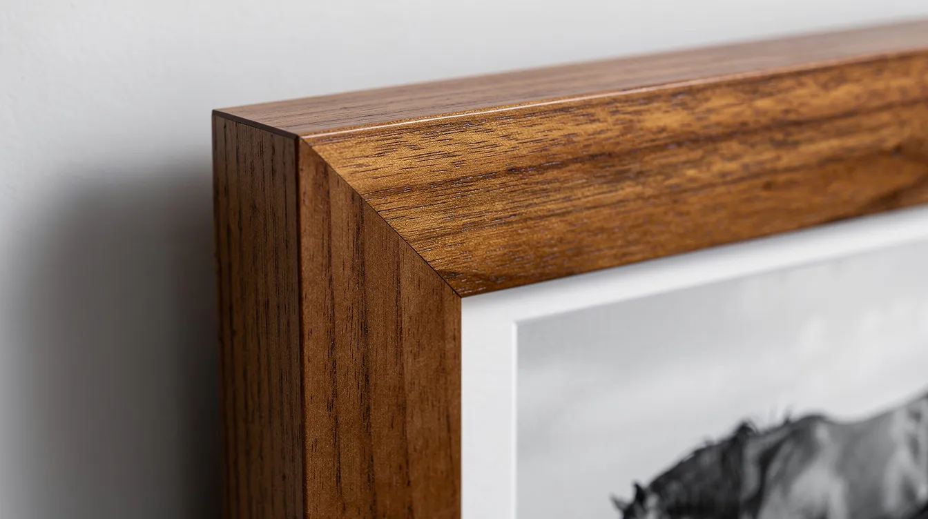 A close-up view of an elegant wooden frame corner, showcasing the beautifully crafted detail that enhances the horse photograph displayed within. The frame adds a touch of sophistication to the artwork, transforming the image into a striking focal point for any gallery or interior space.